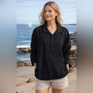 Voyageur By Mersea Emerson Pop Up Collar Top Henley Black  Cotton L/XL